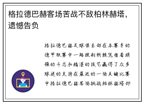 格拉德巴赫客场苦战不敌柏林赫塔，遗憾告负